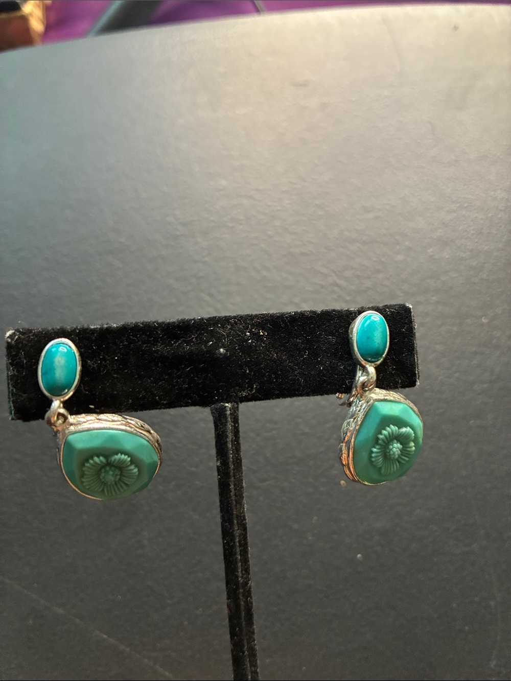 Turquoise Flower Carved Drop Earrings - Women's Jewelry